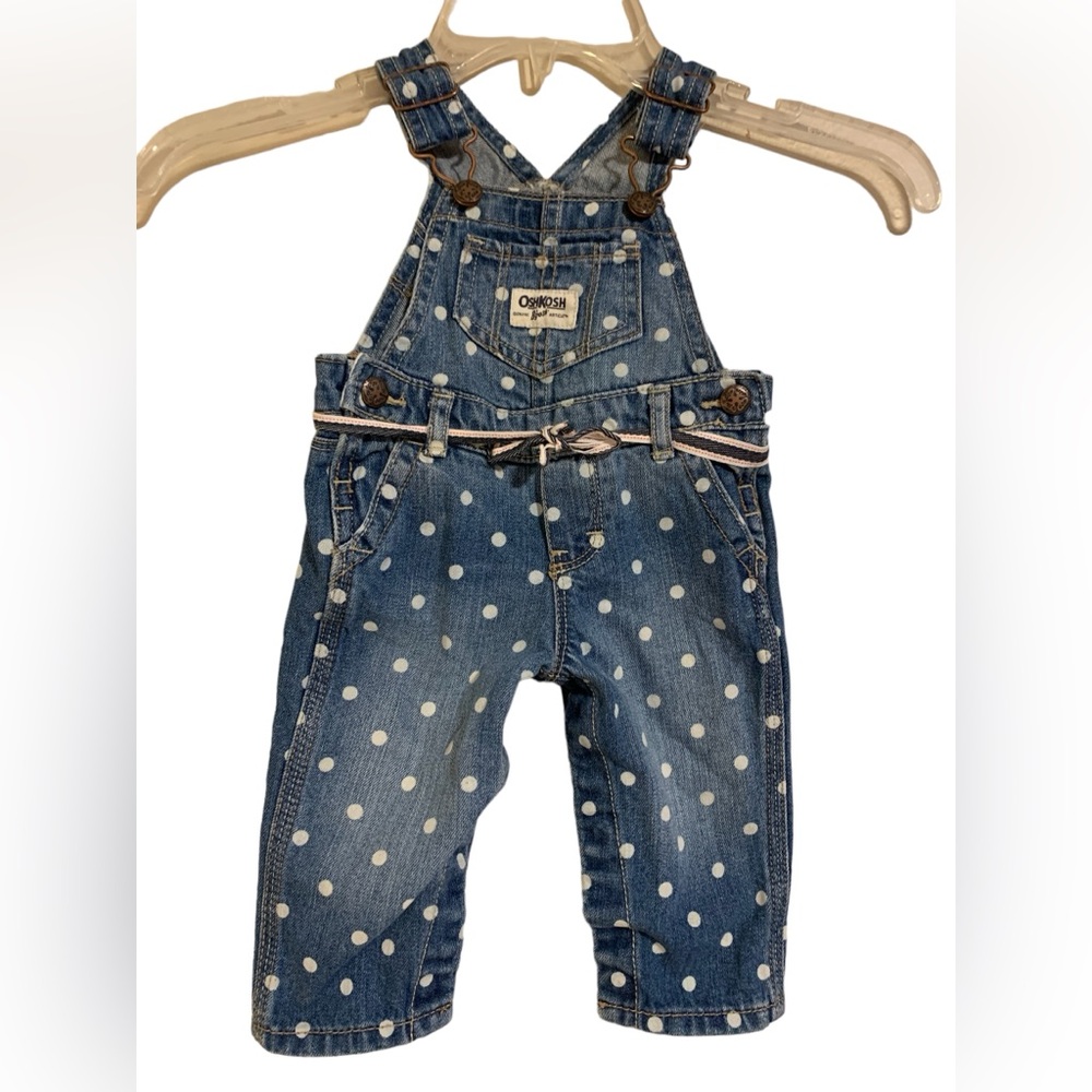 Oshkosh B'gosh Denim Overalls Size 6 months Blue White Polka Dot Bibs Boy Girl *